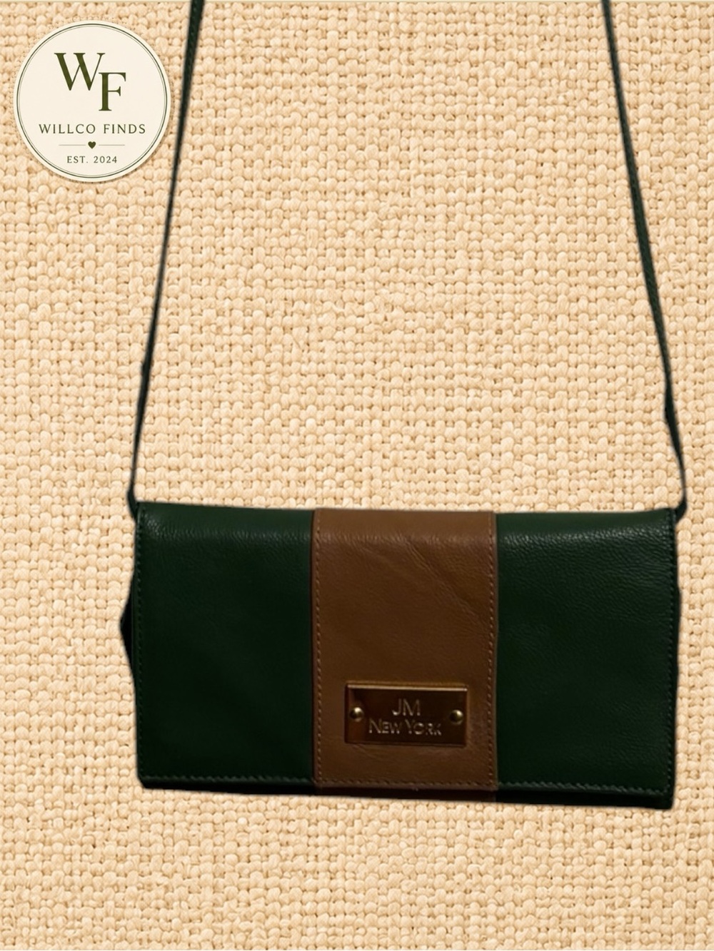 JM New York Green Brown Genuine Leather Crossbody Wallet Clutch Bag